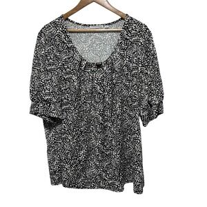 Notations Blouse Womens 3X Plus Black Geometric Stretch Knit Short Sleeve Top